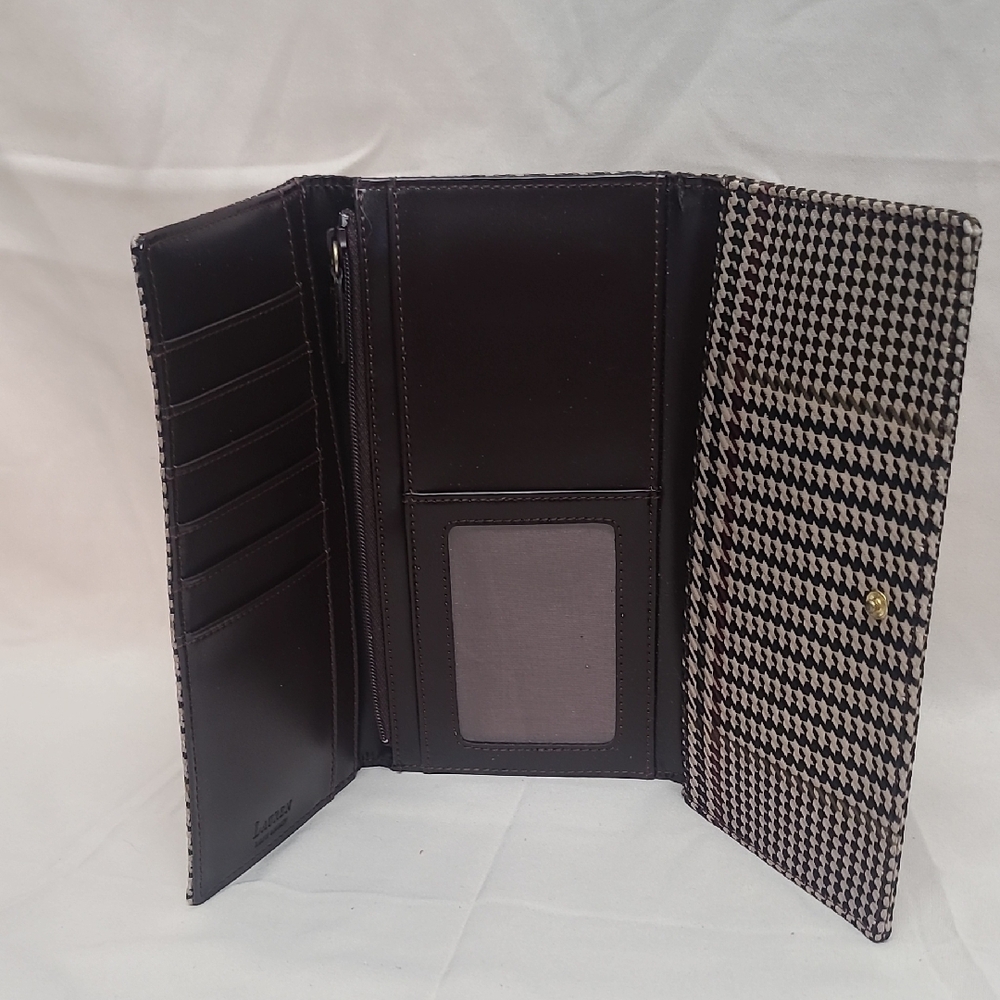 Lauren Ralph Lauren Houndstooth Satchel & Wallet Set Brown Vintage Chic - Picture 4 of 9